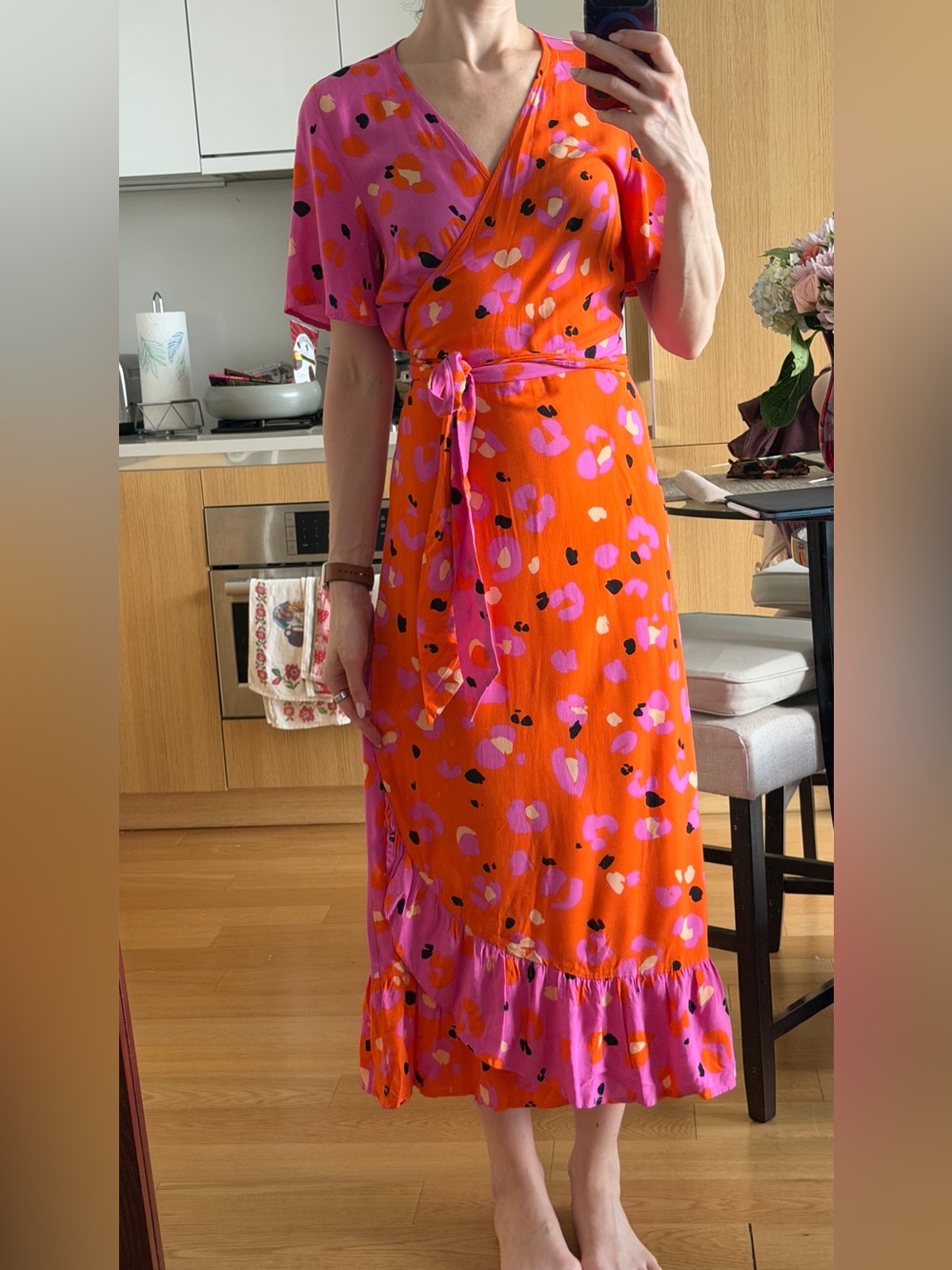 Never Fully Dressed Orange & Pink Floral Wrap Midi Dress